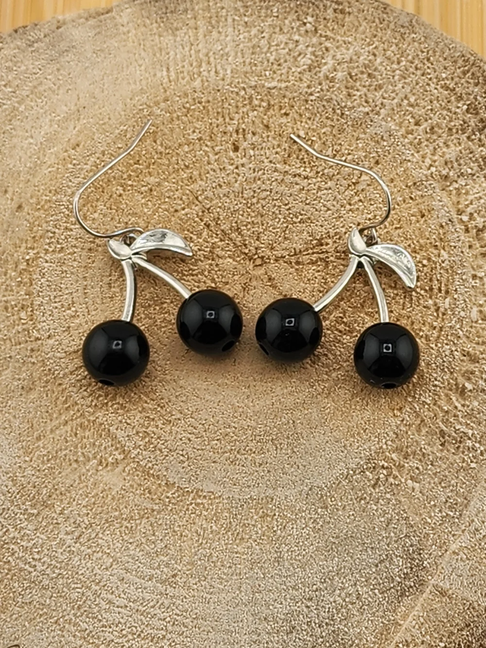 Silver Tone Cherry Dangle Earrings with Black Beads
